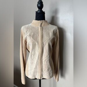 DESIGNERS ORIGINALS vintage suede & knit full zip sweater jacket sz M tan EUC